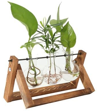 ValueHall Hängevase Planter Bulb Vase Holz Halter mit Hydroponik Glasvase mit Hydroponik Glasvase Hängevase Blumenvase Tischvase Dekovase Planter Bulb Vase for Home Garden Office Decor V7H02