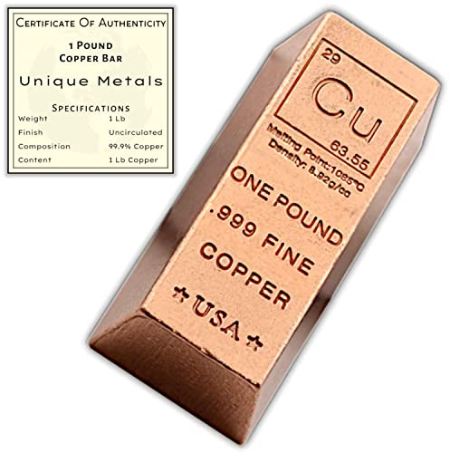 1 Pound Copper Bar Ingot Paperweight - 999 Pure Chemistry Element Design with Certificate of Authenticity by Unique Metals