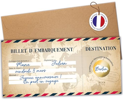 Carte à gratter Voyage Surprise | Carte d’embarquement personnalisable | Billet d’avion Road Trip | Noël / Anniversaire | Idée cadeau originale avec pastille à gratter - Design Vintage (1 carte)