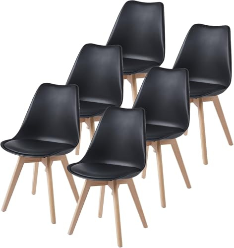 TEENO Chaise Salle a Manger, Chaises de Cuisine Lot de 6, Chaise Noire, Chaise de Bureau, Chaises Scandinaves avec Pieds en Bois de Hêtre Massif, 6 Chaises Salle Manger
