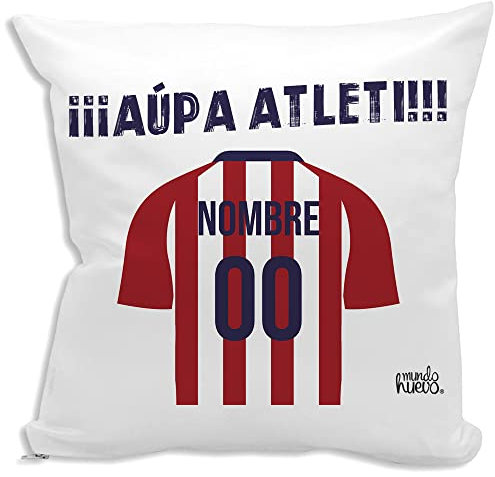 mundohuevo Cojin Decorativo y Personalizado con Texto. Incluye Relleno. Regalo Original. Atletico. Regalo Equipo de Futbol. Nombre y Numero Que Quieras. Haz 42,5 x 42,5 cm. Agradable Tacto Algodon.