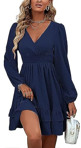 MAFA Vestiti Casual da Donna Estivi Autunno Elegante a Pois Abito a Maniche Lunghe Vestito Scollo V Abiti Corto con Volant e Vita Alta Blu XXL