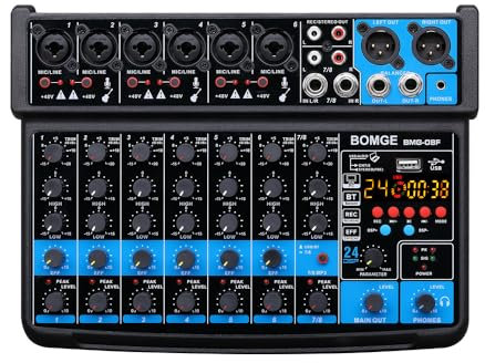 BOMGE Mini mezclador de audio de 8 canales, CC 5 V, con reproductor de MP3, Bluetooth, U disco 48 V, efectos 24DSP, grabación USB, ideal para clubes pequeños o bares, grabación de estudio (8 canales