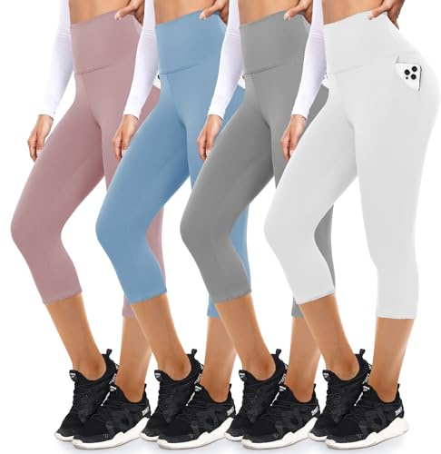 FULLSOFT 4 Pack Capri Leggings with Pockets for Women,Soft High Waisted Tummy Control Workout Yoga Pants(4 Pack Capri Rosy+Blue+Light Grey+White,Large-X-Large)