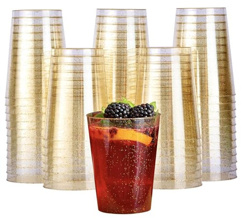 MATANA 100 Premium Clear Hard Plastic Cups with Gold Glitter, Gold Party Cups (280ml / 10oz) - Reusable Glasses, Tumblers for Drinks, Cocktail, Dessert, Wine, Champagne, Wedding, Birthdays, Parties