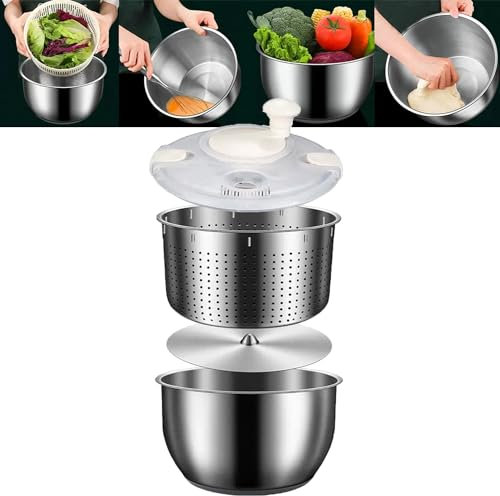 Centrifugador de ensalada de acero inoxidable de 6 L, multiusos, para lechuga, con cuenco y tapa, para lavar frutas, pasta y patatas fritas, apto para lavavajillas