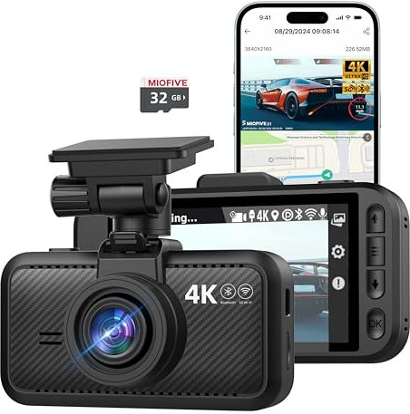 Miofive 4K Dashcam Auto GPS, WiFi Auto Kamera, Bluetooth, Dash Cam Auto 5.8GHz, 3-Zoll-IPS-Display, Nachtsicht, Loop-Aufnahme, HDR, App-gesteuert, bis 512 GB kompatibel inkl. kostenloser 32-GB-Karte
