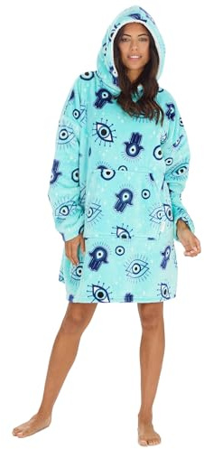 WS-AW24 Ladies Printed Overszied Blanket Hoodie Kangaroo Pocket Hooded Wearable Blanekt Plush Fleece Novelty Print Aqua Blue Evil Eye One Size