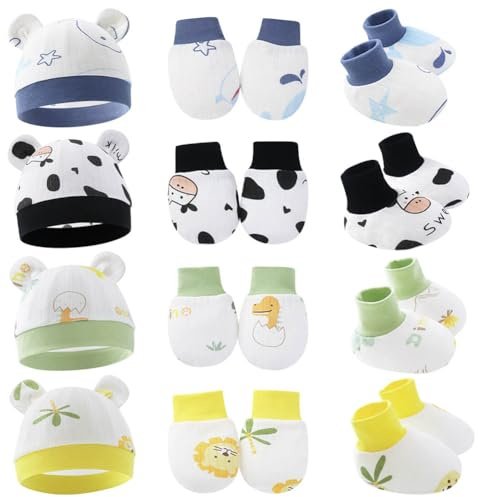 4-pack preemie hattar vantar och strumpor set mjuk bomull varm björn öra preemie mössa, nyfödd sjukhushatt för baby pojkar flickor
