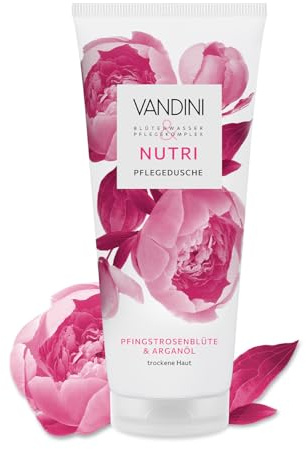 VANDINI NUTRI - Doccia da donna, 200 ml, con fiore di peonia e olio di argan, gel doccia per pelle secca, vegano, senza parabeni e siliconi, dermatologicamente confermato, made in Germany