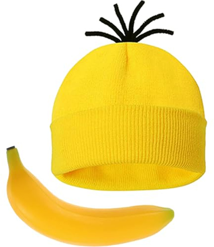 ZOOMPIL Jaune Bonnet Tricoté, Bonnet jaune et Simulation Bananes, pour Fête de Cosplay d'Halloween et Carnaval Accessoires de Deguisement Drole Adultes
