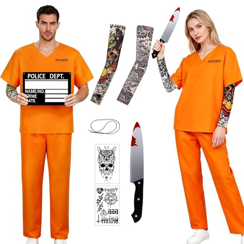 Disfraz Prisionero Hombre Mujer Disfraz Preso Naranja Camiseta y Pantalones, Tatuajes Temporales, Tatuaje Manga, Cuchillo Ensangrentado Pegatina Número, Carcel Traje Disfraces Halloween para Adulto L