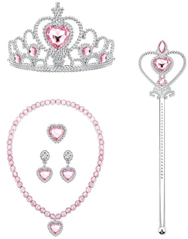 Dinghaole 5Pcs Magic Princess Dress Up Set - Pink Crown Magic Wand Ring Earrings Necklace Accessories - Children's Makeup Ball Role Playing Toy, Suitable For Parties, Gatherings, Various Activities