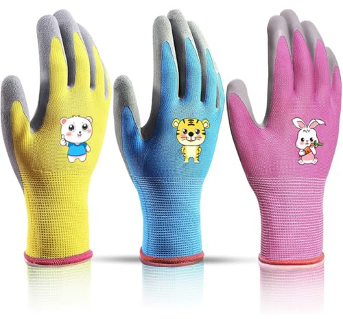 THQAE 3 Paia guanti giardinaggio bambini, Guanti da Giardinaggio per Bambini per età 2-5 anni, Delicati Sulla Pelle, Guanti da Giardino per Bambini Rivestiti, Guanti da Lavoro per Bambini, 3/XXXS