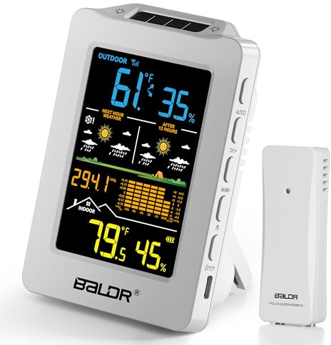 Baldr Stazione meteo con previsioni duali di 1 ora e 12 ore, termometro ricaricabile alimentato tramite USB per interni ed esterni, wireless, monitor portatile della temperatura esterna per