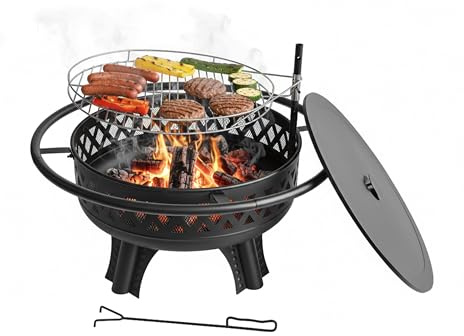 Relaxdays Eldskål, Ø 80,5 cm, justerbar grillgaller, lock och förkläde, eldstad trädgård, eldkorg, svart