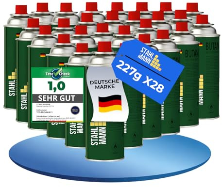 STAHLMANN® Gaskartuschen 227g [Made in EU] – Butangas Kartusche mit MSF-1a Ventil für Campingkocher, Grill, Gaskocher, Gasheizung,Unkrautbrenner – Gaskartuschen (28x 227g)