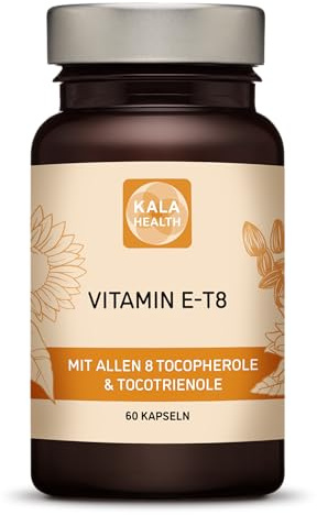 Kala Health Vitamin E - Einzigartige Formel mit allen 8 Tocopherolen und Tocotrienolen - 60 Vitamin E8 T8 Antioxidantien für Haar, Haut & Anti-Aging - GMO & PAK-frei - Hergestellt in der EU