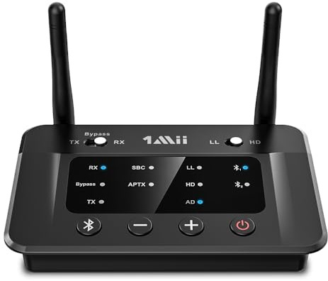 1Mii Transmisor Receptor Bluetooth 5.3 para TV, Adaptador Emisor Audio Bluetooth aptX Baja Latencia & Hi-Fi, con Salida/Entrada Óptica/RCA/AUX, Doble Enlace a 2 Auriculares BT, Estéreo, Largo Alcance
