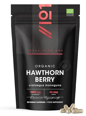 Organic Hawthorn Berry 1000mg – High Strength Hawthorn Supplement – 90 Vegan Capsules – Resealable and Recyclable Pouch by Alpha01