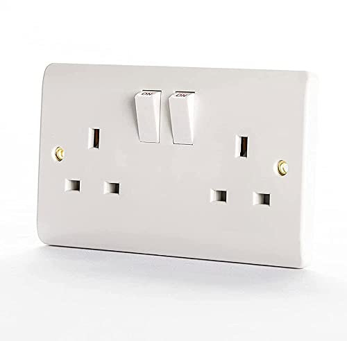 13A 2 Gang Double Pole Switch Socket White - Square Electric Wall Socket with Round Edge and Fixing Screws - Double Pole Electrical Outlets for Home, Office, Industries, etc.