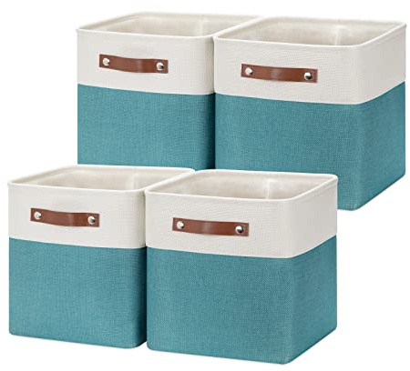 HNZIGE Fabric Storage Cube Bins Baskets for Organizing, 11 inch Cube Storage Baskets, Set of 4, Collapsible Storage Baskets with Handles, Closet Organizers Storage Home Toy Nursery room(White Teal)