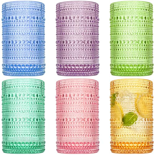 ZOOFOX Set of 6 Vintage Drinking Glasses, 12 Oz Colored Hobnail Glasses Tumbler, Embossed Design Glass Tumblers Set for Water, Beverages, Juice, Beer, Cocktail, Whiskey, Milk