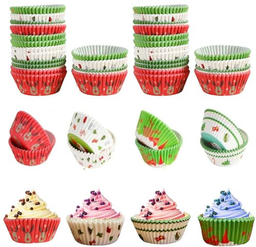 Caissettes à Cupcakes en Papier,Caissettes cupcake moule,Papier Cuisson Moules de Cuisson Antiadhésif,Moule à Muffin Papier,4 styles de Noël différents moules à pâtisserie,200 pièces