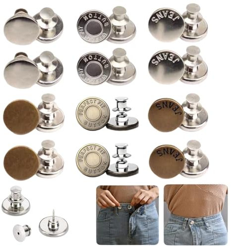 12 Stück Knopfnadeln für Lose Jeans, Sofortiger Ersatz Ohne Nähen und Werkzeuge, Druckknopf-Hosenknopf, Wiederverwendbarer und Einstellbarer Metall-Hosenknopf-Strammer