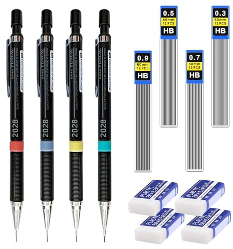 4 stycken tryckpennor, 4 rör blyertspennor HB blandpenna och 4 stycken suddgummi, svart mekanisk penna för att skriva, läxor, ritning, skissa (0,3 mm & 0,5 mm & 0,7 mm & 0,9 mm)