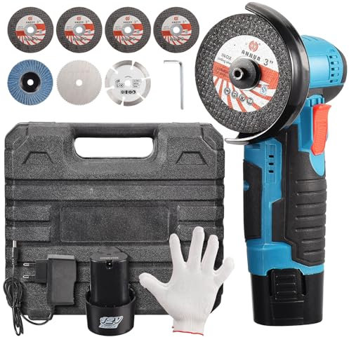 ADWOLT Mini Akku-Winkelschleifer 12V Brushless Kabelloser Winkelschleifer Scheiben-Ø: 76 mm,1 Lithium Lonen-Akku,7 Schleifscheiben