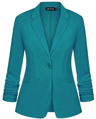 LADI TREND Blazer para mujer elegante con solapa con muescas, clásico, de manga larga, chaqueta de traje (Azul verdoso XXL)