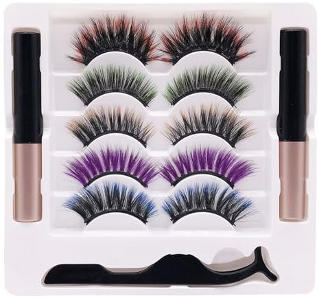 Set di ciglia magnetiche colorate, 5 paia di ciglia artificiali, con 2 eyeliner magnetico e 1 pinzetta, facile da applicare, riutilizzabile