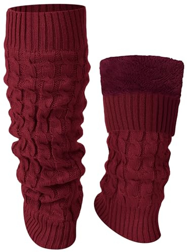 Shihanee Winter Fleece Lined Leg Warmers for Women Dark Red Cable Knit