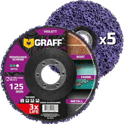 Reinigungsscheiben 125mm für Winkelschleifer – CSD Scheibe 125 mm Mittel für Metall, Edelstahl, Stahl, Farbe – Violett Grobschleifscheiben, Gewebescheibe und Rostenferner für Flex 5 Stück GRAFF