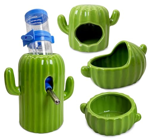 PINVNBY Ceramic Hamsters Hideout, Cactus Ceramic Dwarf Hideout, Hamster Water Bottle, Sand Bath, Food Bowl & 125ML Water Bottle Holder for Dwarf Hamster Cage Accessories