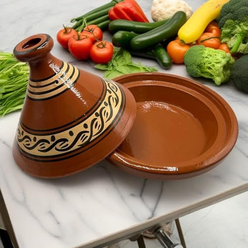 Tajine XL 35 cm aus Terrakotta, handbemalt, traditioneller marokkanischer / tunesischer Topf + kostenloses E-Book 1404251106