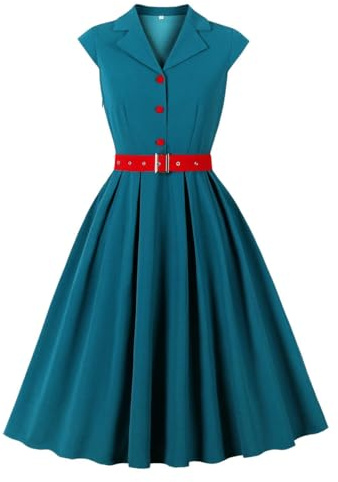 Wellwits Robe Blazer Vintage Femme Bloc de Couleurs Ceinture et Manches Courtes Bleu Vert XL