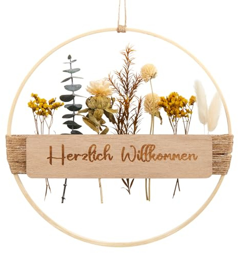 Xinnun Türkranz Trockenblumenkranz Herzlich Willkommen Schild Haustür Holz Türkranz Trockenblumen Boho Türdeko Ganzjährig Willkommensschild Naturtöne Hängedeko für Wand Fenster Deko 25cm(Hell)