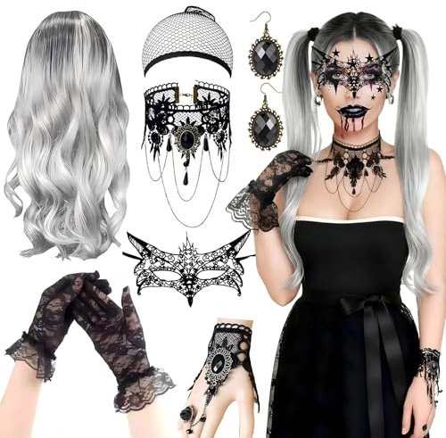 Perruque Femme Halloween - Perruque Bouclée Argentée-Grise de 70cm avec Collier Gothique, Gants en Dentelle, Boucles d’Oreilles, Perruque de Sorcière Gothique pour Carnaval, Fêtes à Thème & Cosplay