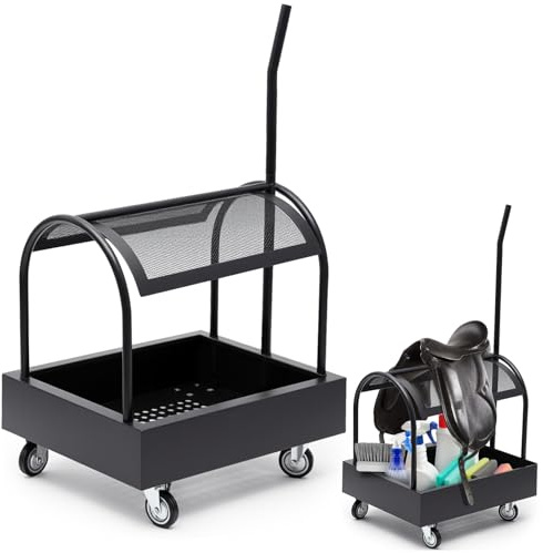 Metal Rolling Saddle Rack Cart with Basket Storage Box Built-in Grooming Organizer Fits Western English Saddles 360° Swivel Wheels Heavy Duty Caster for Tack Room, Bridle, Horse Lovers, Cowboy