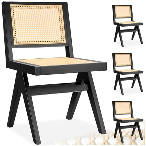 tectake® Silla Estilo Boho, Ratán Vienés, Sin Reposabrazos, Madera Maciza, Silla Cocina, Muebles de Cocina, Muebles de Salon, Sillas de Comedor - 4 Unidades Negro