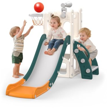 Hominewti Toboggan Enfant, 5 en 1 Toboggan Intérieur Extérieur, Aire de Jeux pour Enfants avec Panier de Basket, Rangement et Télescope, Aire de Jeux pour Enfants à Partir de 1 an, Vert