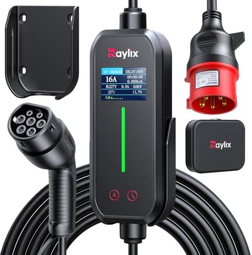 Raylix 11 kW elektrisk billaddningskabel typ 2 Wallbox Elektrisk billaddare (7 m, 8A-16A, trefas) med elmätare, justerbar ström och fördröjd laddning