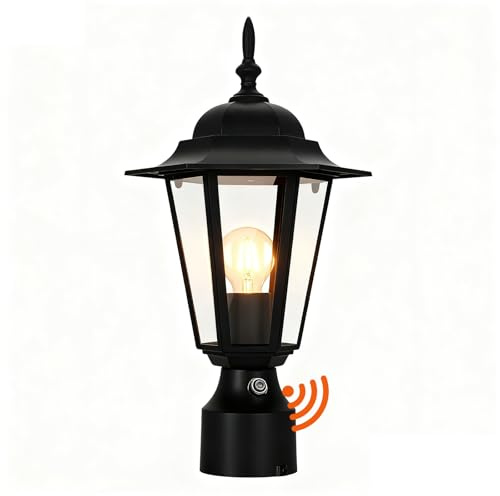 15H Dusk to Dawn Outdoor Post Light, Modern Black Outdoor Lamp Post Light Fixture, Lamp Posts Exterior Lighting Pole Lantern for Outside Porch Garage Street, Waterproof Aluminum & Glass, 1 Pack, E26