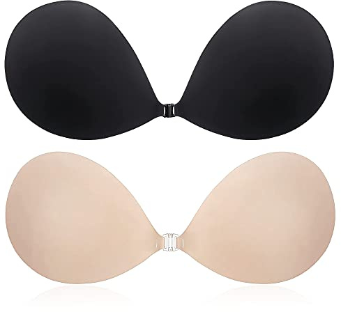 CatoFree Push Up Sticky Bra for Women, 2 Pack Reusable Backless Strapless Invisible Adhesive Bra for Evening Dress-Nude+Black (UK, Cup & Band, E, Nude+Black)