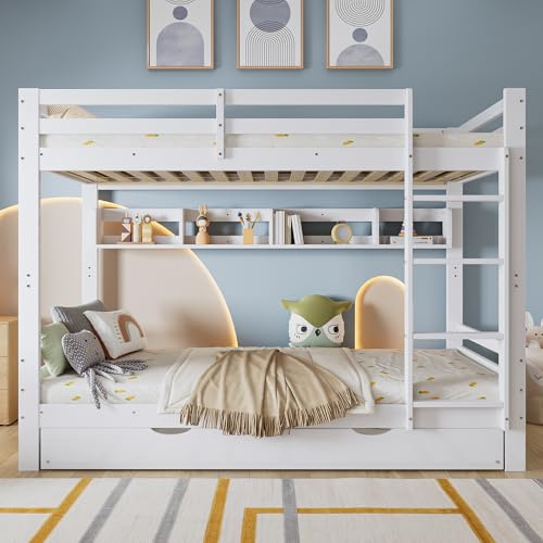 Litera de 90 x 200 cm, cama nido con ruedas, protección anticaídas, cama para niños, convertible en 3 camas individuales con barandilla de seguridad y armario para escaleras, pino + MDF + madera