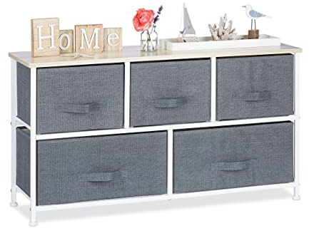 Relaxdays 10023328_493 Mobiletto con 5 Cassetti, Mobile Cassettiera, HLP 54,5x100x30 cm, Tessuto, Metallo, Legno, Grigio