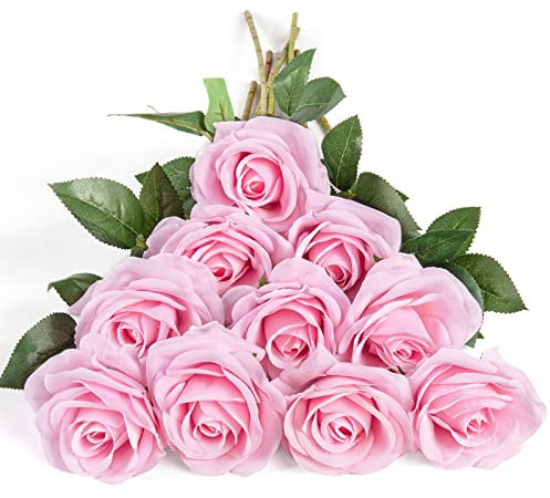 DuHouse 10 Rosas Artificiales de Seda, Flores de Rosas de imitación de Tallos Largos para arreglo, Centro de Mesa de Boda, Fiesta, decoración del hogar y Cocina (Rosa)
