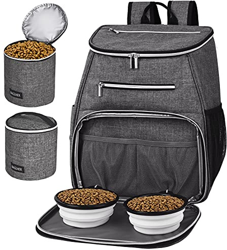 BAGLHER 丨Dog Travel Bag Backpack, Airline Approved Pet Supplies Backpack, Dog Travel Backpack with 2 Silicone Collapsible Bowls and 2 Food Baskets Grey